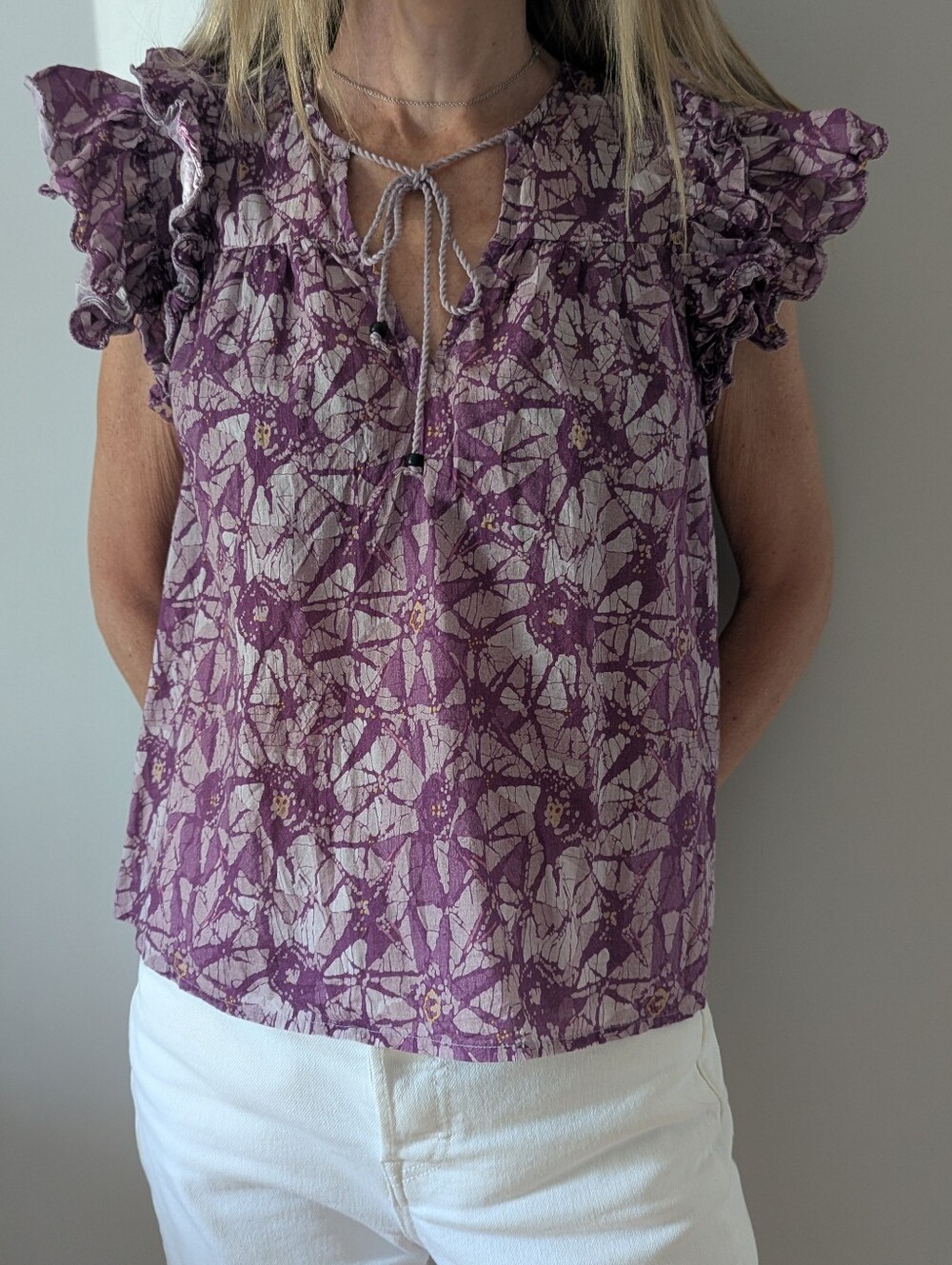 Anthropologie Pink and Lavender PatternTie-Neck Ruffle Sleeve Top